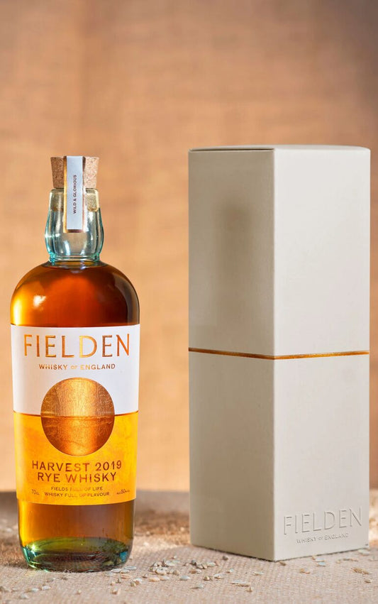 Fielden Harvest 2019 70cl Whisky Bottles next to stylish gift box made from agricultural waste