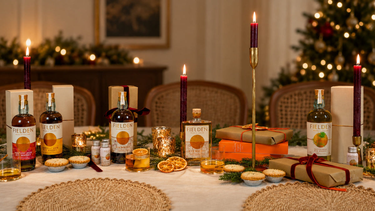 Fielden whisky gift sets laid out on a festive table